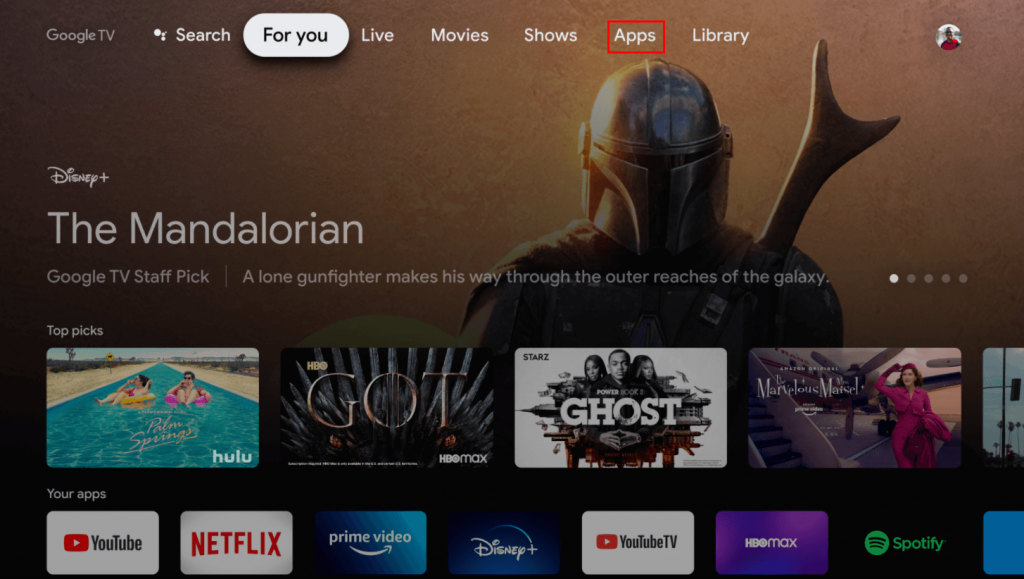 Select Apps in the Google TV home screen