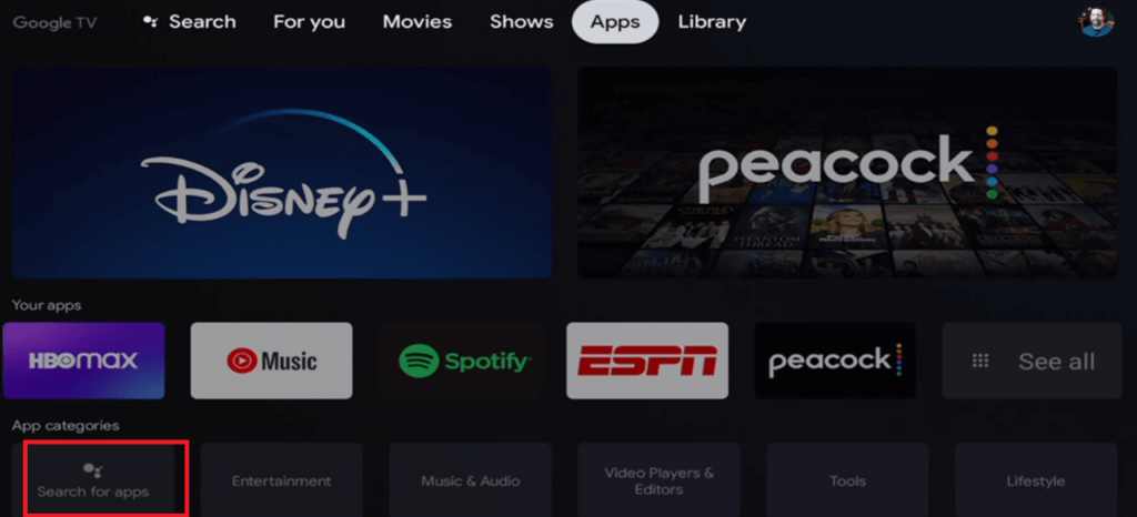 Click on search for app to install NBC sports on Google TV