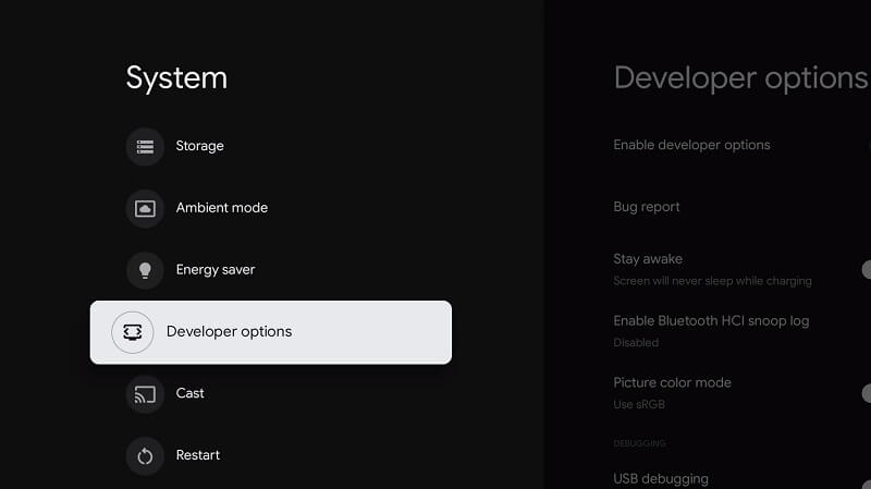 click on developer options to expand storage on Google TV