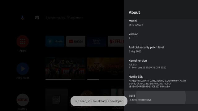 enable the developer options mode on Android TV 