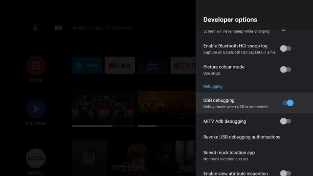 toggle the switch to enable USB debugging to install Google TV on Android TV