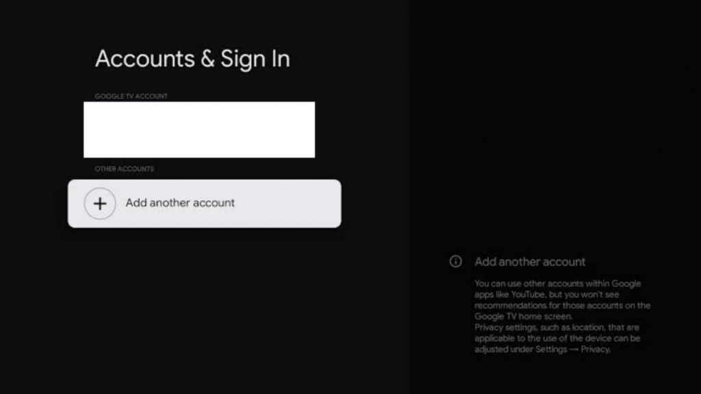 click on add another account to add account on Google TV