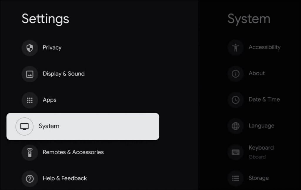 click on System to change language on google tv