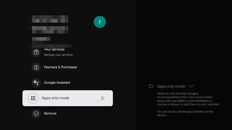 turn on apps only mode to disable recommendations on Google TV