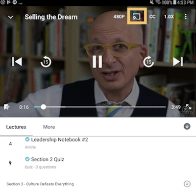 click on cast icon to to watch Udemy courses on Google TV