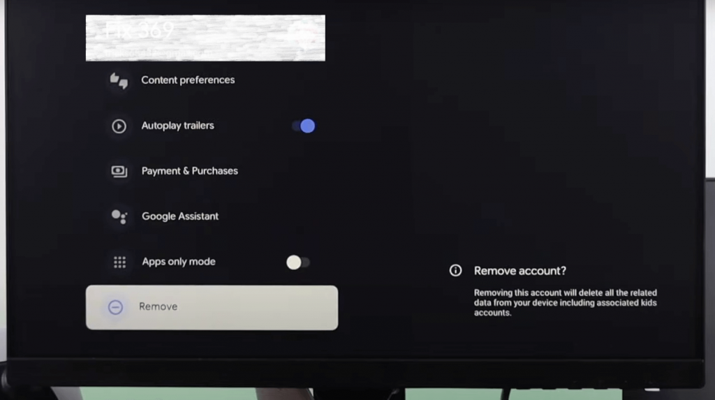 click on remove to Change account on Google TV