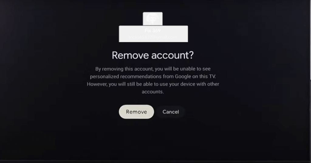 click remove to Change account on Google TV