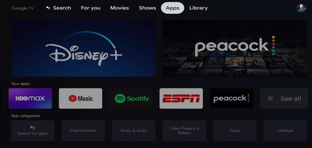 tap apps from the home screen to install apps on google tv 