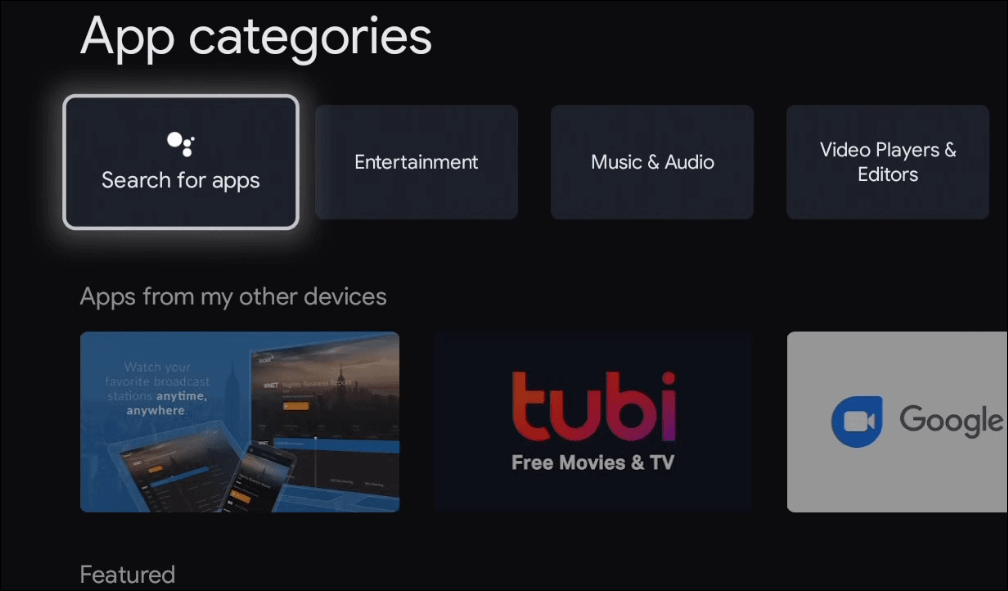 go to app categories to install apps on google tv 