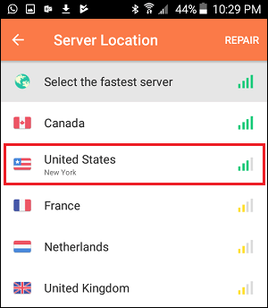 select the country to connect to the server 