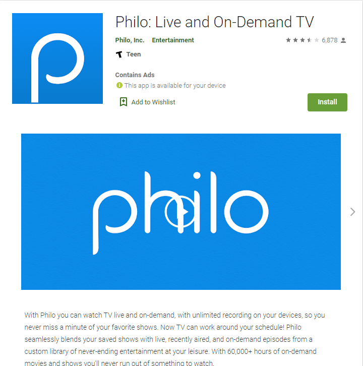 Click Install to download Philo on Google TV
