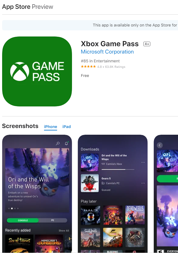 Install Xbox Game Pass from App Store