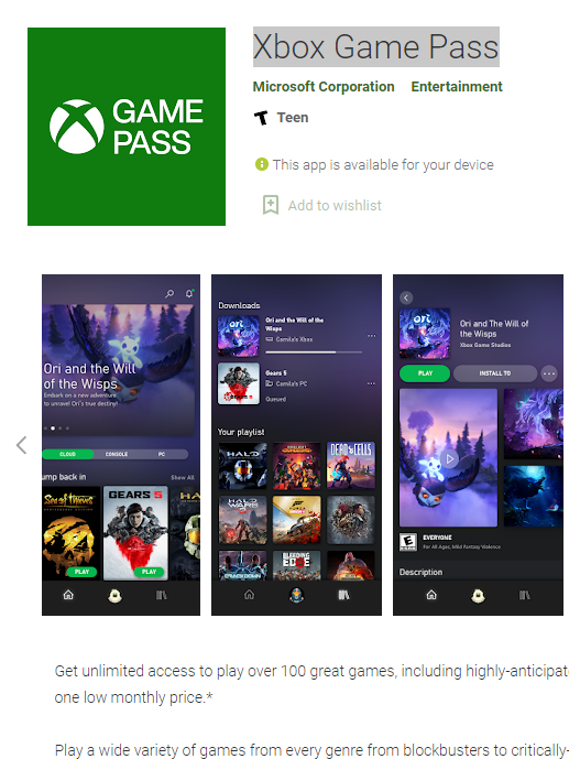 Install Xbox game Pass from Play Store