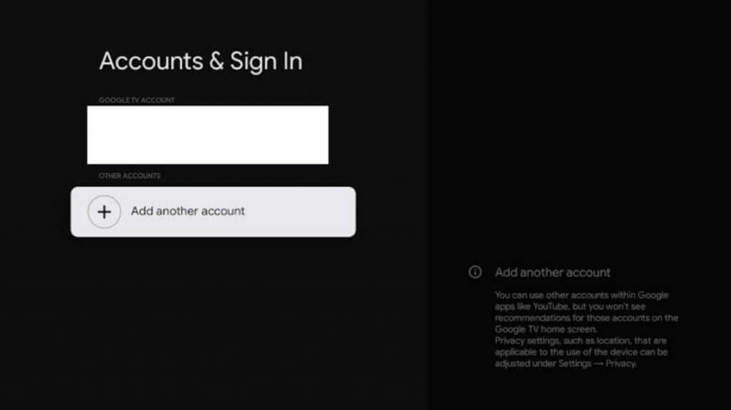 click add another account to set up personalized profiles on google tv 