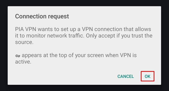 Confirm and tap ok - PIA on Google TV