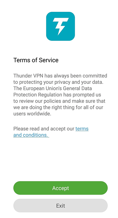 Accept Terms and privacy policy - Thunder VPN on Google TV