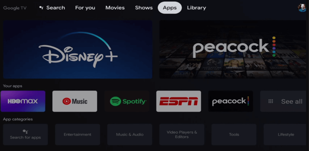 Search for FXNOW app on Google TV