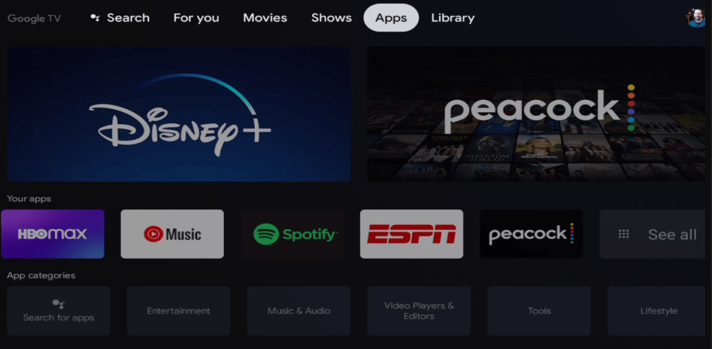 Click on the Apps section on Google TV