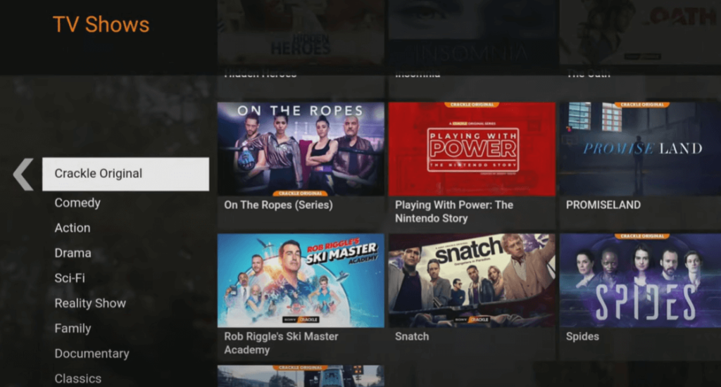Select a TV show category on Crackle