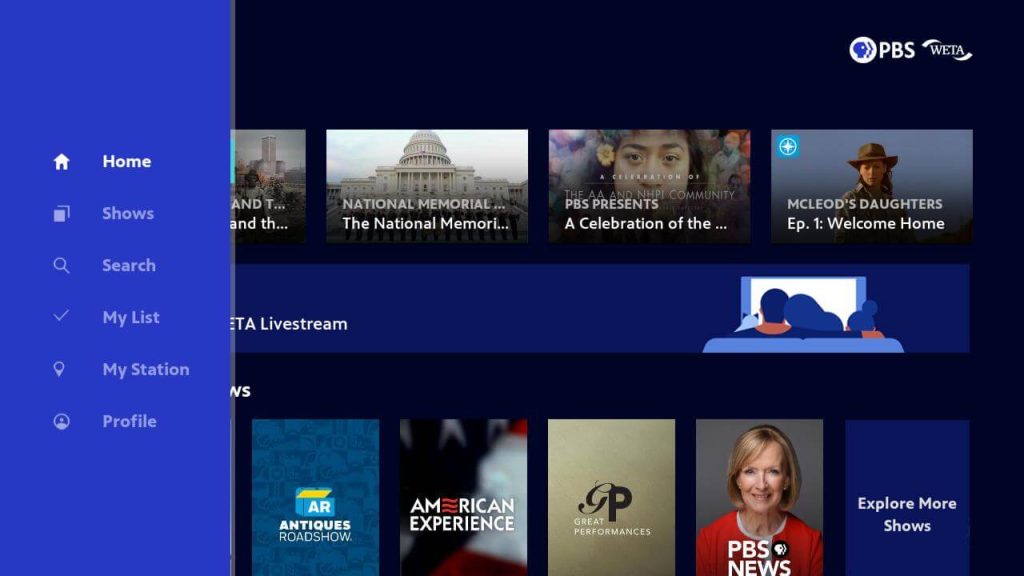 PBS Home screen menu options